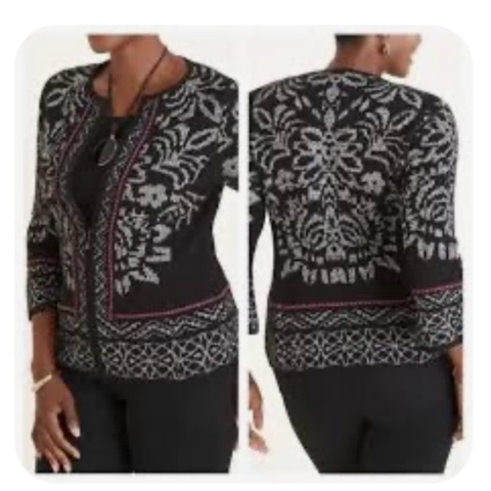 Chico's Structured Jacquard Cardigan Jacket Sweater 2 L 3/4 Sleeve Feminine Chic